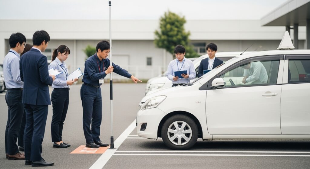 東京ドライビングサポート 法人向け研修 小竿代表による停止線指導の様子 「インストラクターが停止線を示しながら法人向け運転研修を行っている様子。社員がクリップボードを持ち、実践的な指導を受けている場面。」