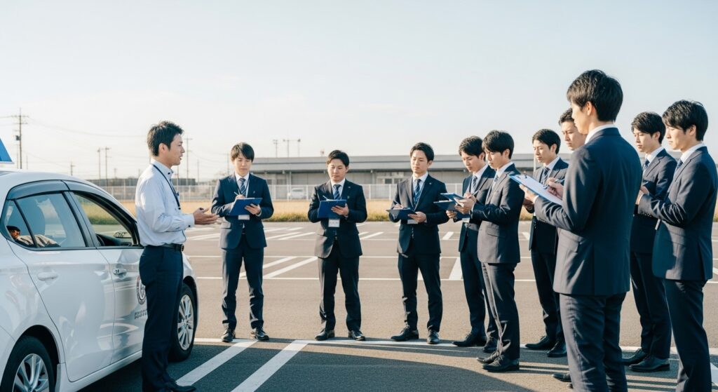 法人向け-運転研修-東京ドライビングサポート-屋外指導.jpg 東京ドライビングサポートの法人向け運転研修。インストラクターが屋外で複数の社員に指導を行っている様子。