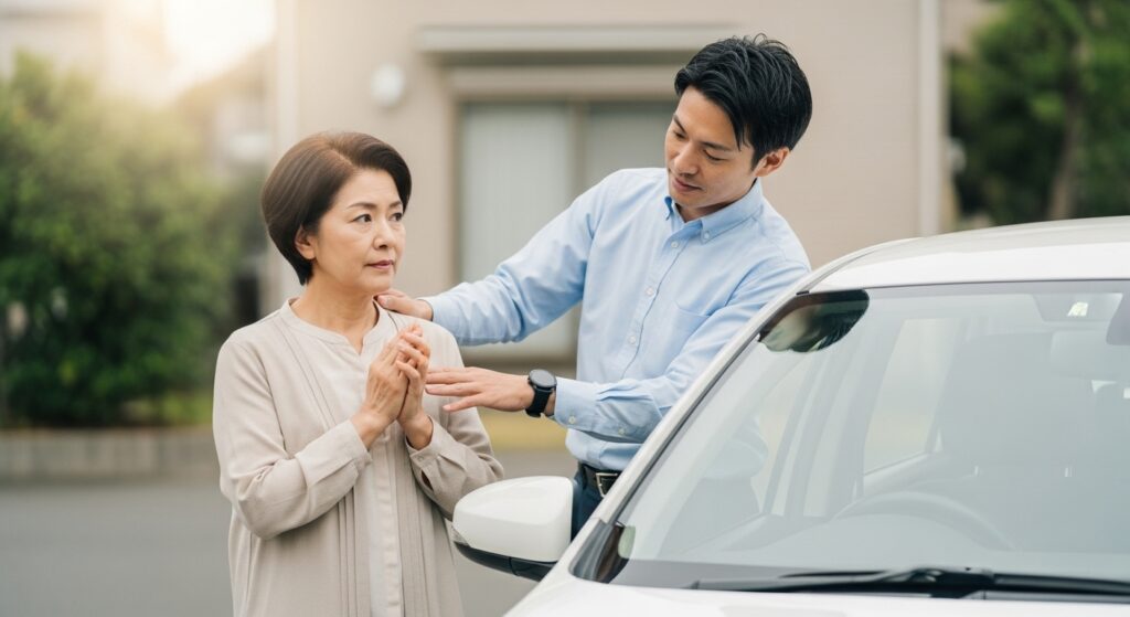 「運転に不安を抱える高齢女性が、講師から落ち着いてサポートを受けている様子。」