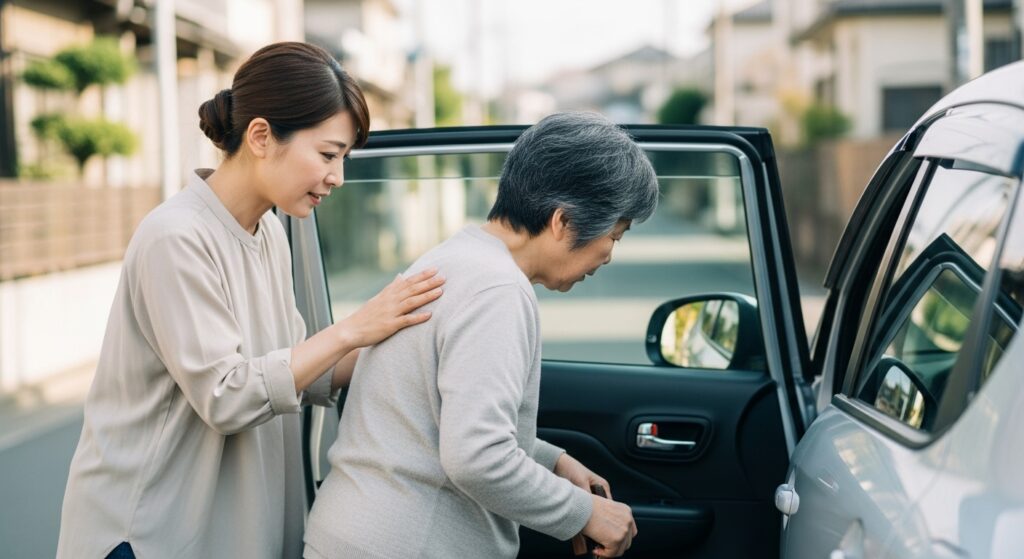 「高齢の親を車に乗せるために、女性が優しくサポートしている様子。」