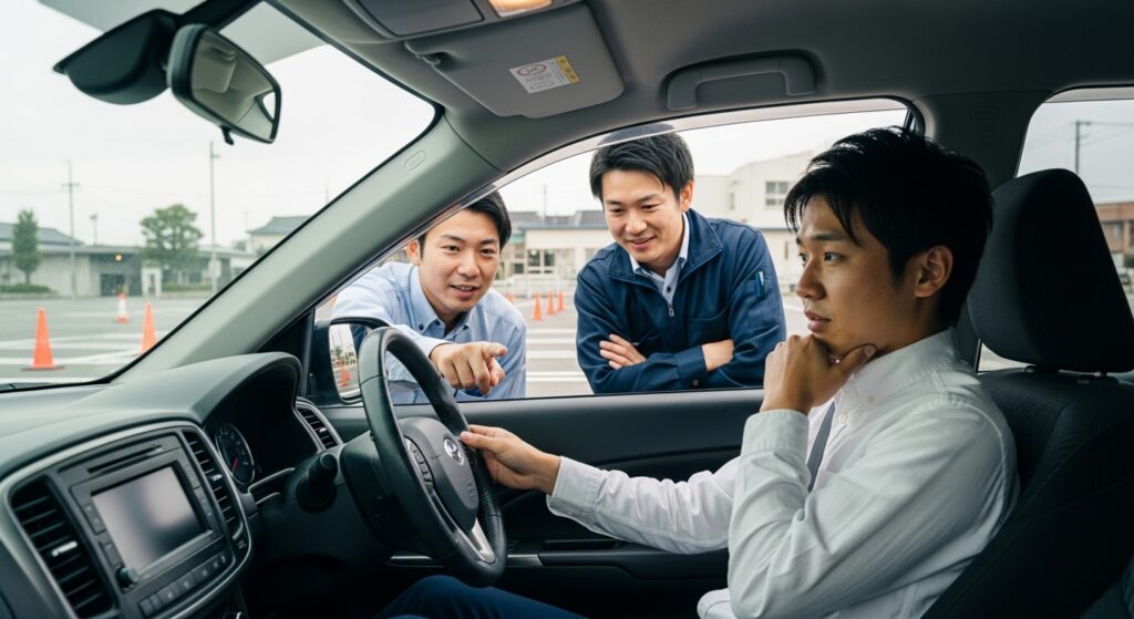 社用車の運転練習で、インストラクターが社員に操作手順を指導し、同僚が見守っている様子。