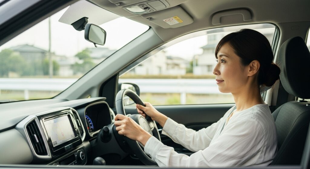 「前を見て落ち着いて運転する女性受講者。講習を通じて自信を取り戻した様子。」