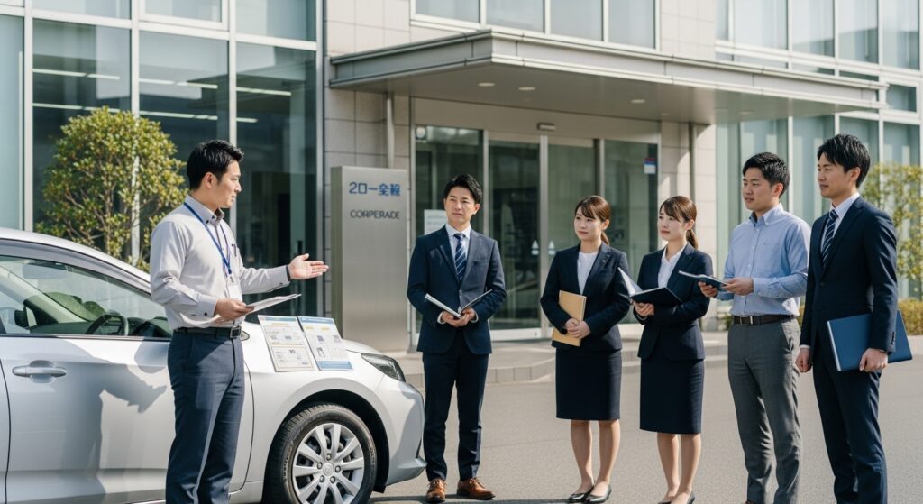 企業のエントランス前で、インストラクターが社員へペーパードライバー講習の概要を説明している様子。社員たちは資料を持ち、真剣に聞き入っている。