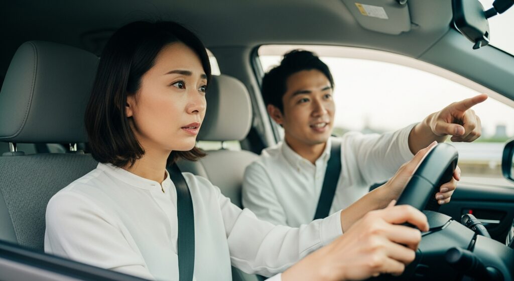 「運転中の女性が指導者の助言を受けながらハンドル操作を行っている様子。」