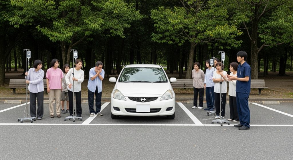 「公園の駐車場で、車の前に点滴スタンドを持つ受講者たちが並び、運転に強い不安を抱える人へインストラクターがサポートしている様子」