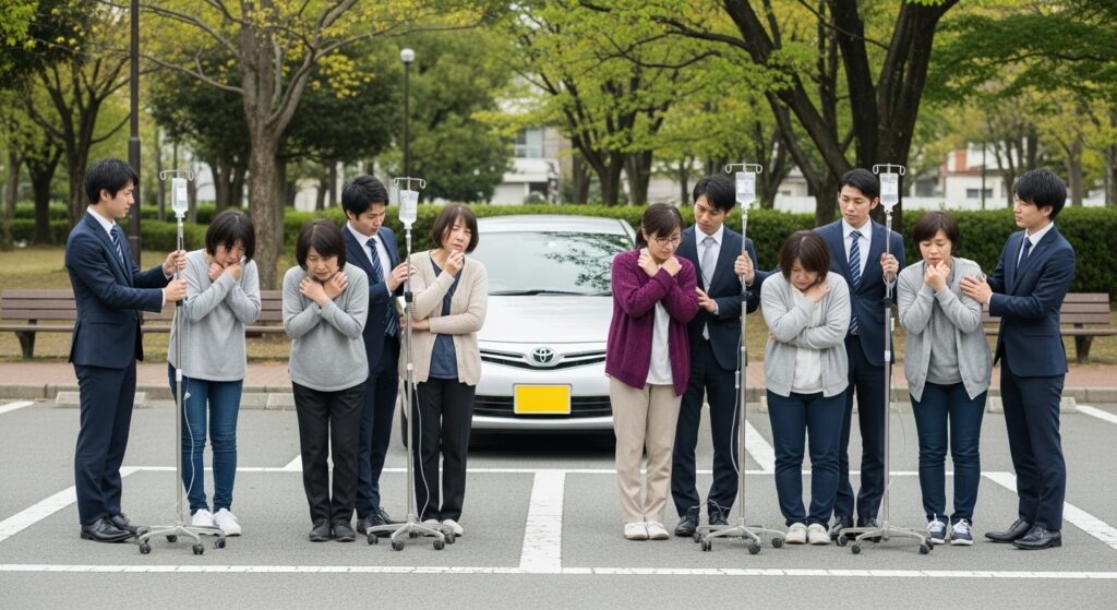 「公園の駐車場で、車の前に立つ受講者が強い運転不安に肩を抱えて固まり、複数のインストラクターが左右から寄り添ってサポートしている様子」