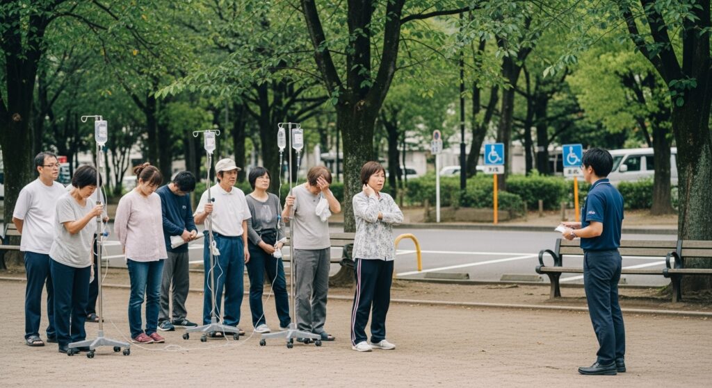 「公園で点滴スタンドを持つ高齢の患者たちが、不安そうな表情でインストラクターの説明を聞いている様子」
