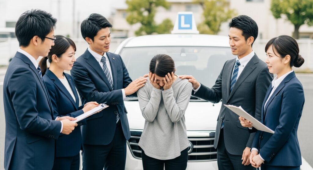 「運転不安と向き合うためのメンタルサポート場面」 「車の前で不安に頭を抱える女性を、スーツ姿のインストラクターが囲んで寄り添い、安心できるよう励ましている様子」