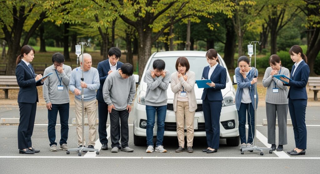 「公園の駐車場で、車の前に立つ受講者たちが強い運転不安で肩を抱え、スーツ姿のインストラクターが横で寄り添いながら支援している様子」