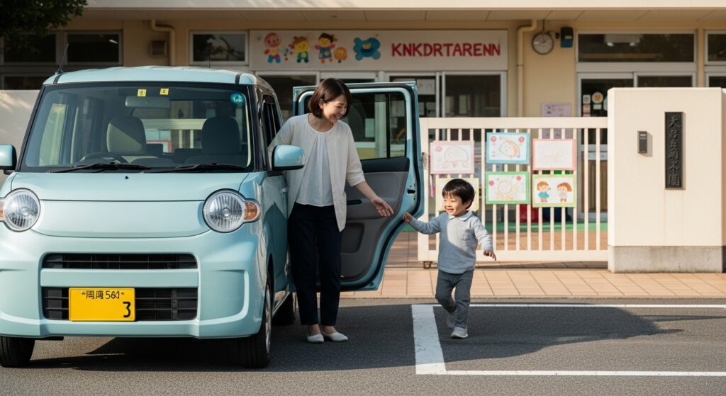「保育園の前で軽自動車を停めた母親が、笑顔で子どもを迎えに降ろしている明るい送迎シーン」
