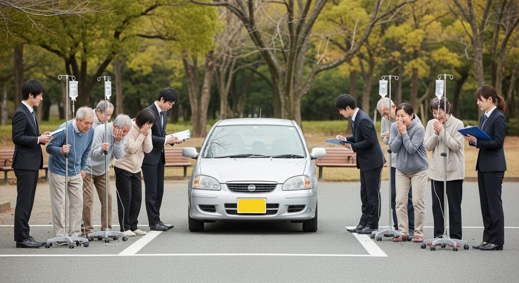 「公園の駐車場で、車の前に立った受講者が強い運転不安で肩を抱え、両側に立つインストラクターが問診票を持って寄り添いながら心理サポートを行っている様子」