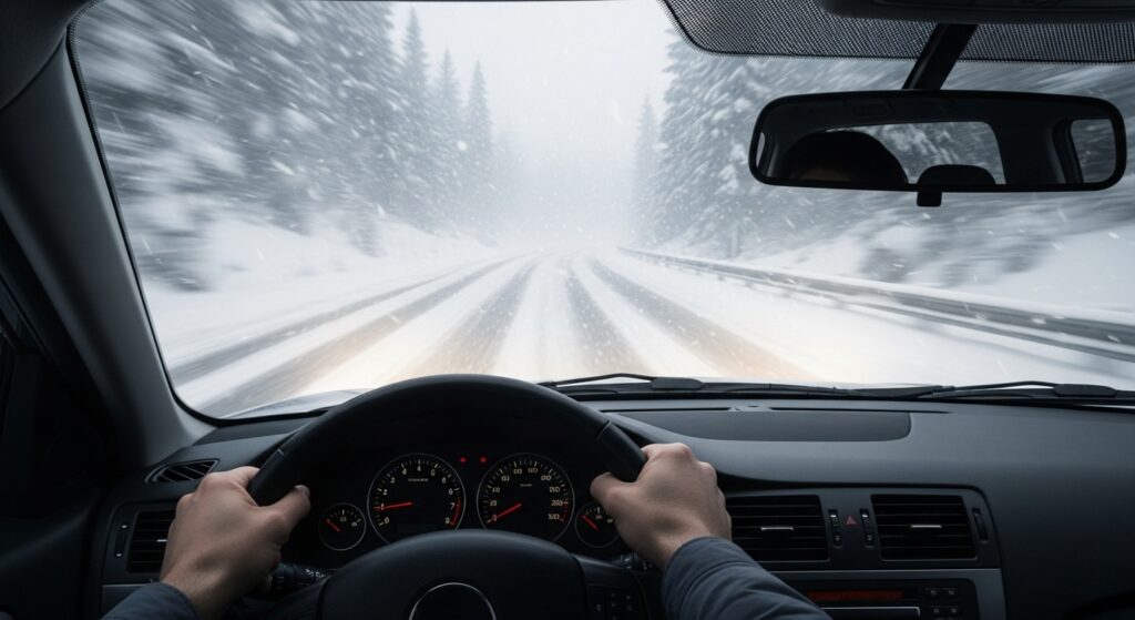 猛吹雪の雪道を車内から運転している様子。視界が悪く、道路と周囲の木々が白くかすむ中、慎重にハンドルを握って進んでいるシーン。