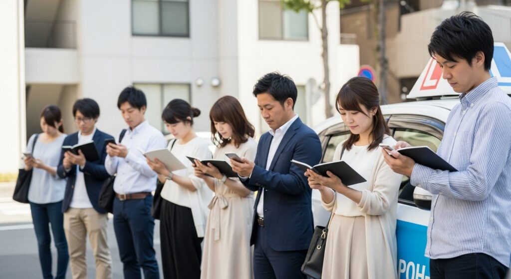 日本人のインストラクター候補者が教習車の前でノートを確認しながら講習の説明を受けている様子。