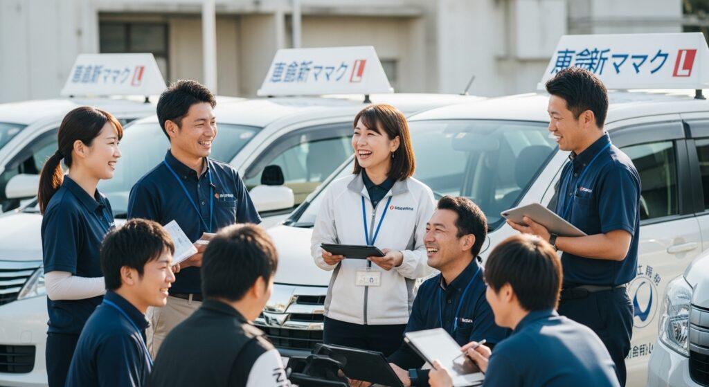 日本人インストラクターたちが教習車の前で笑顔で交流し、研修内容を共有している様子。