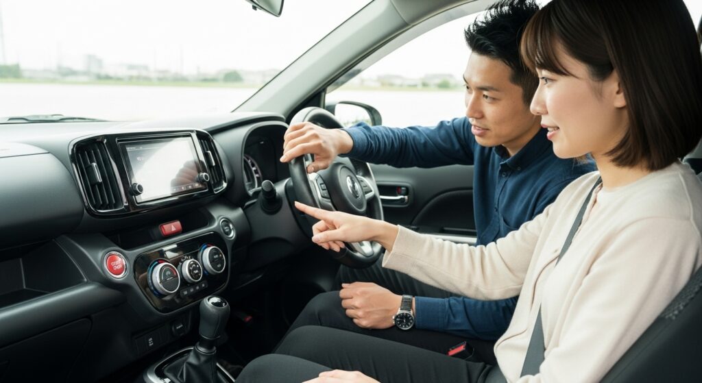 「車内でインストラクターが女性に操作方法を丁寧に説明し、安心できる環境で運転再開の基礎ステップを学んでいる様子」