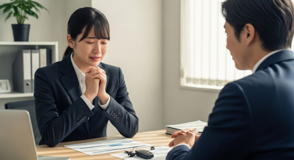 運転に不安を抱える新人社員が、上司に相談している場面。デスク上には資料と社用車の鍵が置かれている。