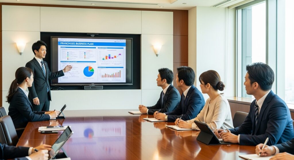 日本人ビジネスマンが会議室でフランチャイズビジネスプランをプレゼンし、参加者がモニターの資料を見ながら説明を聞いている様子。