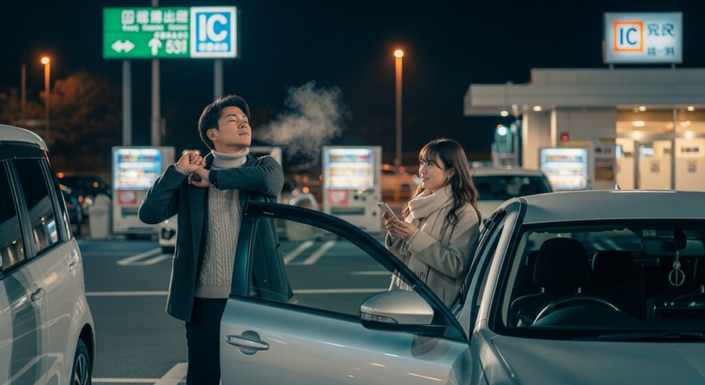 夜の高速道路ICで、若いカップルが休憩している様子。男性は寒さの中で肩を回してストレッチし、女性はスマホでルートを確認している。白い息が上がる冬の帰省ドライブのシーン。