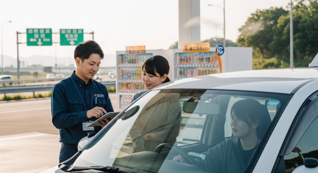 「高速道路の休憩所でインストラクターがタブレットを使って受講者に振り返り指導を行っている様子」