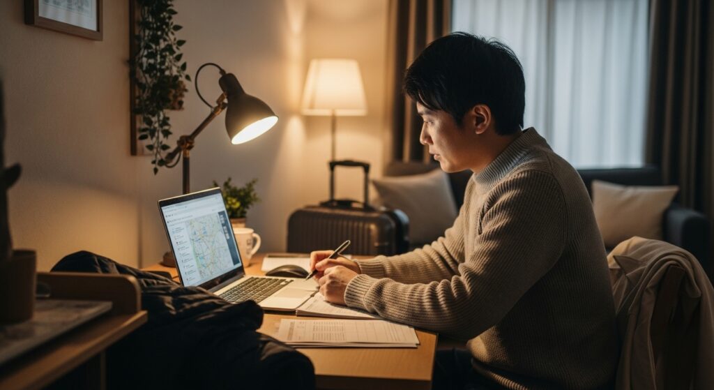 自宅で若い父親がノートパソコンの地図を見ながら帰省の運転計画を立てている様子。静かな室内で書類とパソコンを前に集中して準備しているシーン。