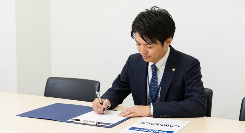 日本人男性がフランチャイズ契約書にサインしている様子。東京ドライビングサポートの加盟手続きを行うシーン。