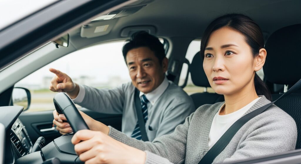 「運転中の女性が指導員の助言を受けながら道路状況に集中している様子。」