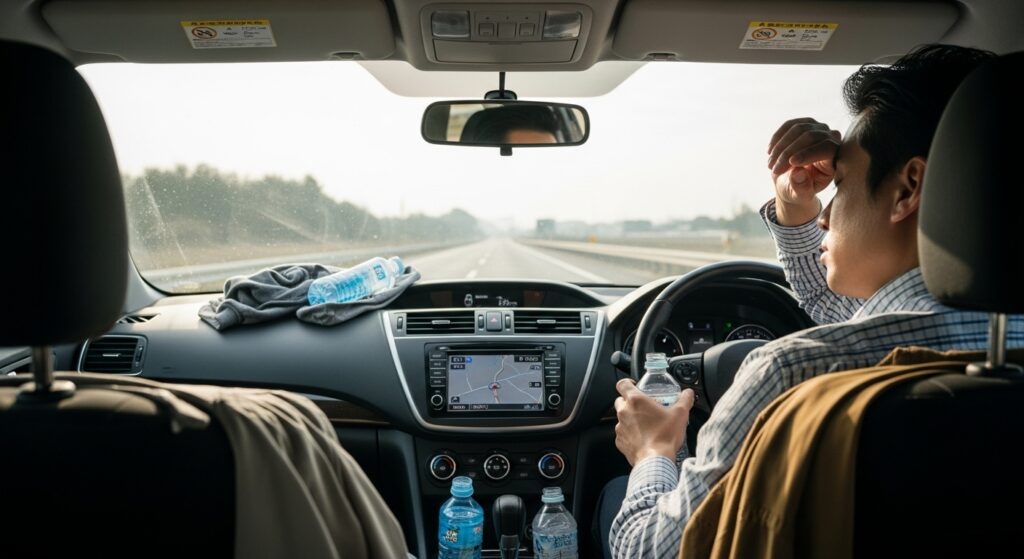 「高速道路を走行中、疲労から額を押さえながら休憩する男性ドライバーの車内の様子」