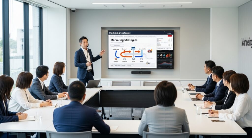 日本人講師が会議室でマーケティング戦略をプレゼンし、複数の参加者が説明を聞いている研修の様子。