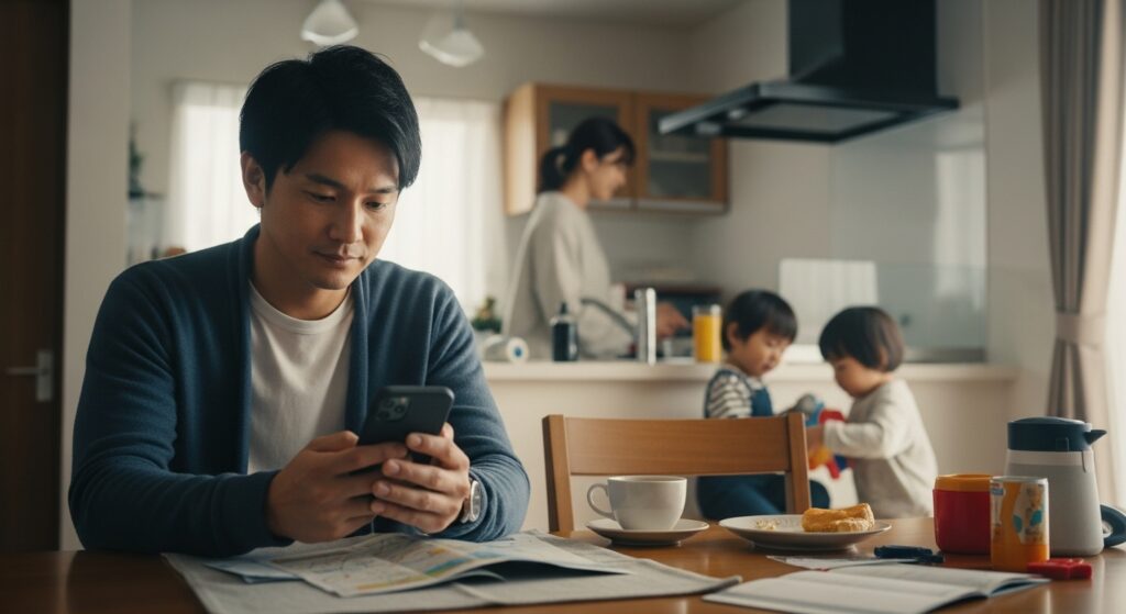 朝のダイニングで、若い父親がスマホで帰省の運転ルートを確認している様子。後ろでは母親が準備をし、子どもたちが遊んでいる家庭の朝の風景。