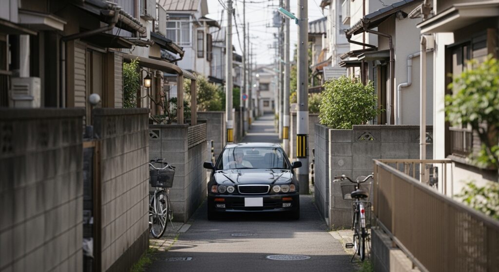 住宅街の細い生活道路を、壁ぎりぎりの幅で慎重に走行する車の様子。狭い道と周囲の塀が圧迫感を生む、実家周辺で起こりやすい運転の難所を示すシーン。