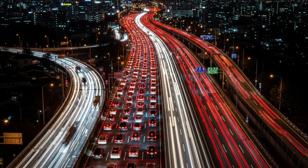 年末年始の帰省ラッシュで渋滞する夜間の高速道路を上空から撮影した写真。赤いテールランプと白いヘッドライトが長く連なり、都市の夜景と共に光の帯が伸びている様子。