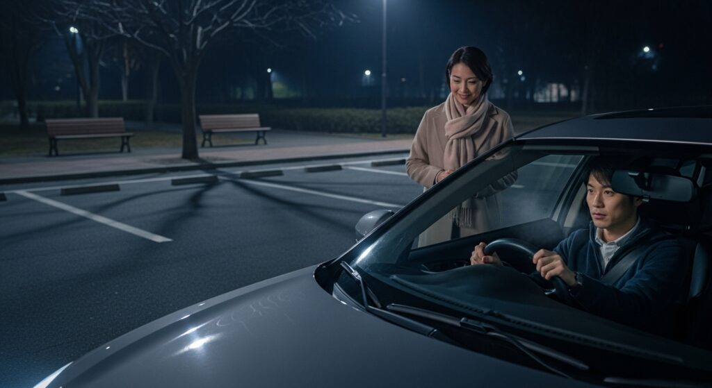 夜の公園駐車場で、男性が車の運転練習をしており、女性がそばで優しく見守っている。帰省前の不安を減らすための事前練習シーン。