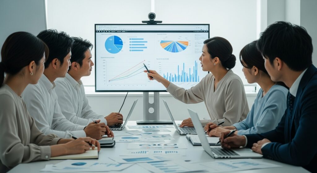 「会議室で女性がグラフを使ってデータを説明し、参加者が真剣に聞いているビジネスミーティングの様子。」