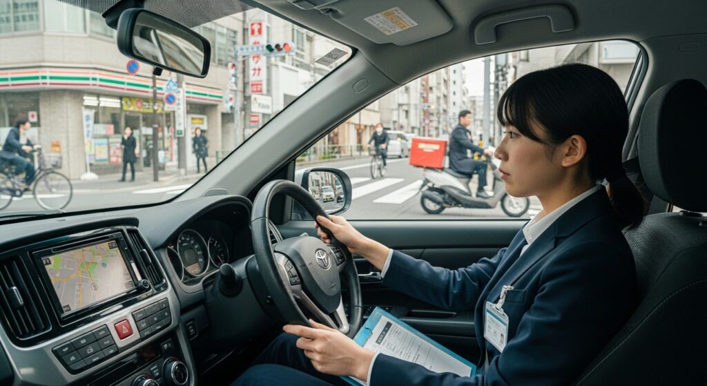 営業車を運転する新人社員が、都内の交差点で周囲を確認しながら慎重にハンドルを握っている様子。