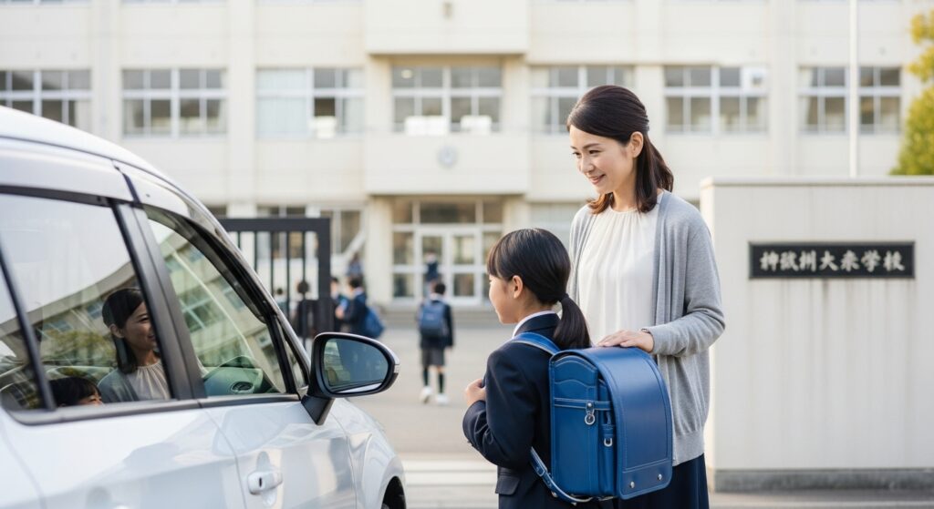 学校前で小学生の子どもを車へ誘導し、送り届ける40代の母親。運転を再開し、家族のために自信を取り戻した姿を表すシーン。