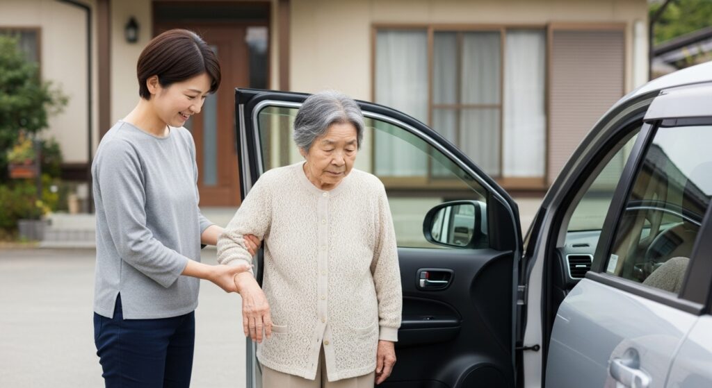 40代女性が高齢の母親を支えながら車へ乗せようとしている姿。通院送迎や介護で運転が必要になる状況を示すシーン。