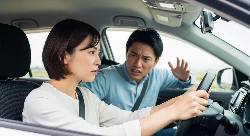 運転中の40代女性が、助手席の夫に強く指摘されて緊張している様子。運転への不安と心理的負担を表すシーン。