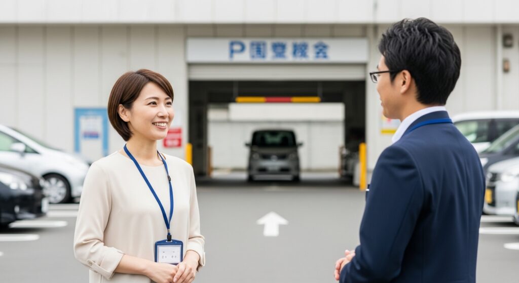 駐車場で男性と相談しながら笑顔を見せる40代女性。運転再開に向けて自信を取り戻している様子。