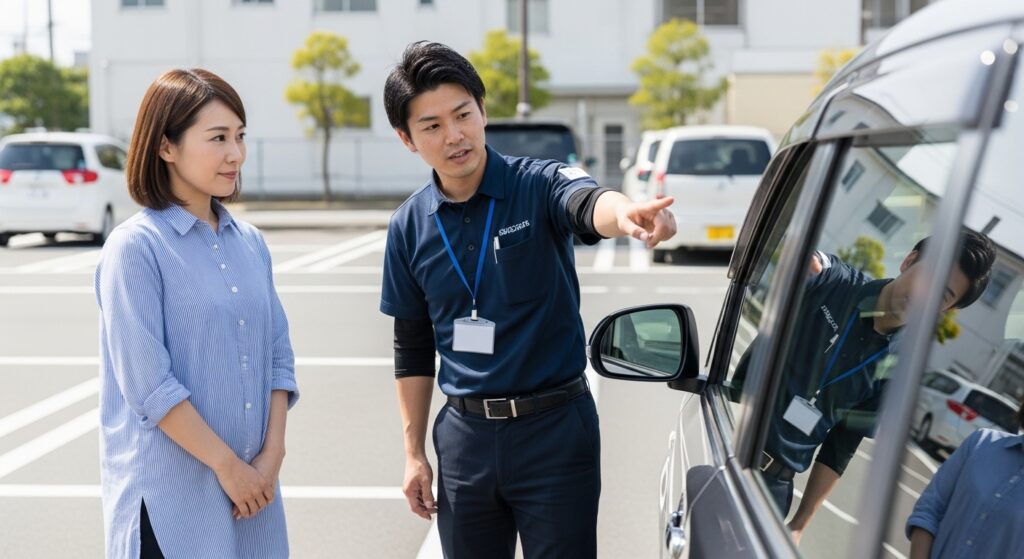 駐車場でインストラクターが車の位置やポイントを指し示し、40代女性が真剣に説明を聞いている様子。バック駐車の理解を深めるための指導シーン。