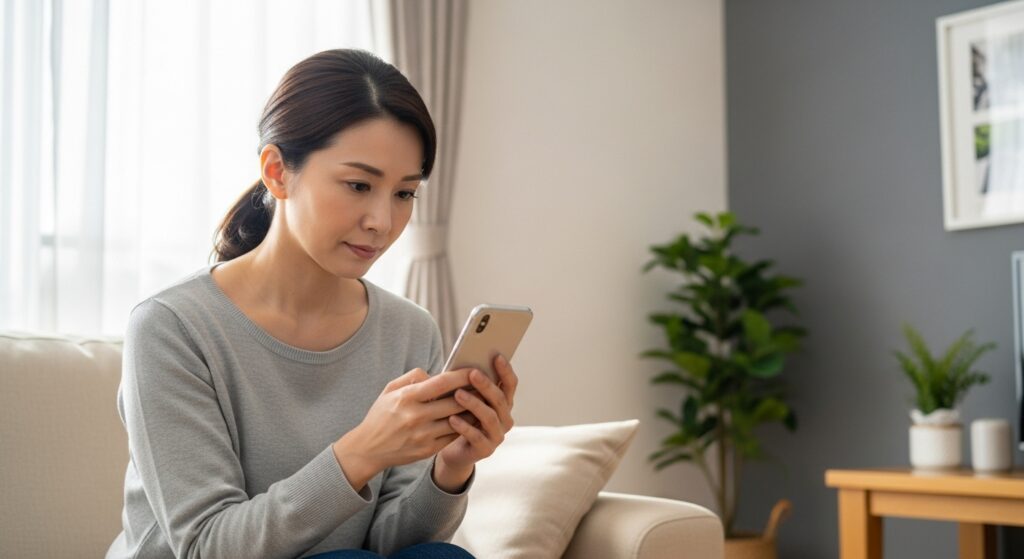 40代の日本人女性が自宅のリビングでスマホを見ながら真剣に相談している様子。運転の不安や再開について悩む表情が特徴。