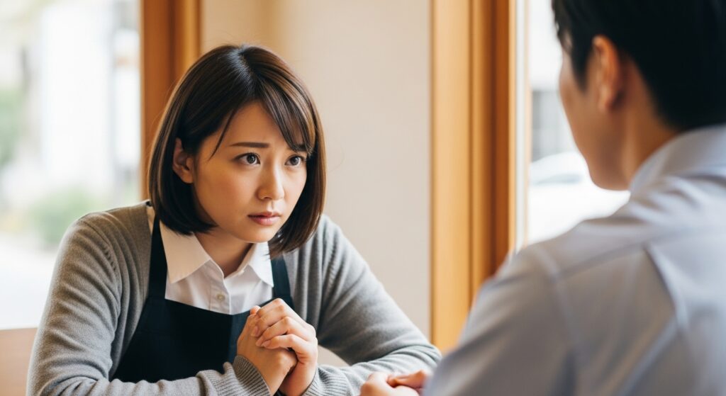 「喫茶店で運転の悩みを相談している女性。緊張した表情で相手の話を聞いているシーン。」