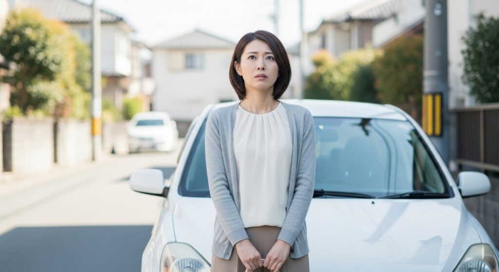 「車の前で不安そうに立つ日本人女性。長年運転していないことへの悩みや緊張を表すシーン。」