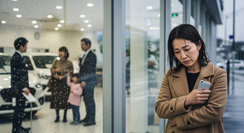 雨の中、車のショールームを背にスマホを握りしめて落ち込む女性。ガラス越しには家族連れが車を見ており、自分だけ取り残されたように感じている様子。