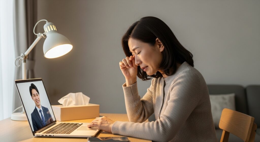 オンライン相談中に涙ぐみながら、自分の行動と気持ちのギャップに苦しんでいる女性。カウンセラーが画面越しに優しく話しかけている様子。