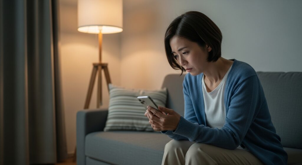 初回予約をキャンセルした後、夜のリビングでスマホを見つめながら静かに安堵している女性