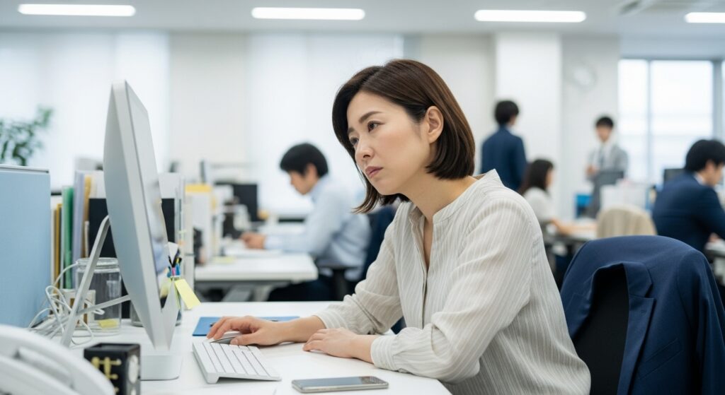 職場でパソコンに向かいながら、運転講習のキャンセル理由について自分を責めるような表情を見せる女性