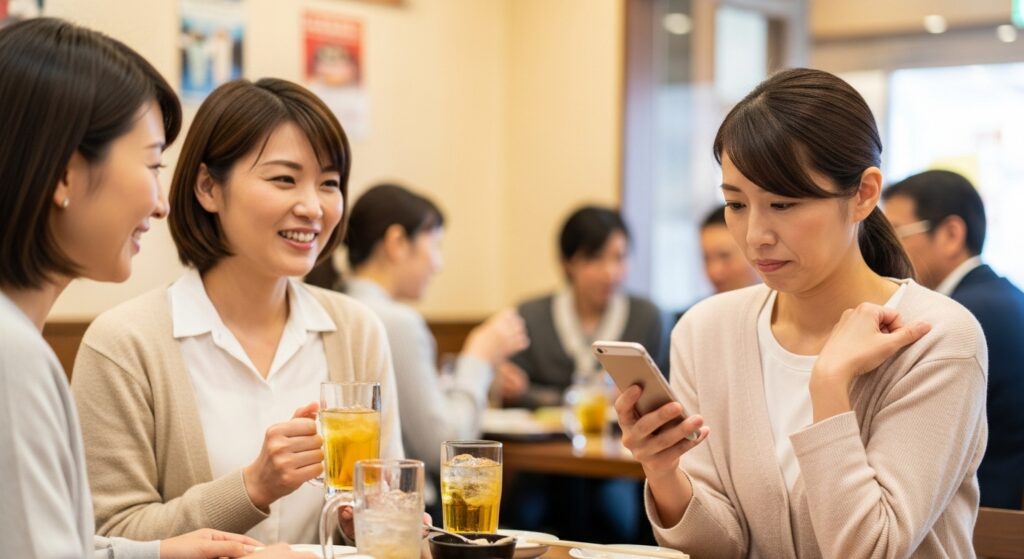 「カフェで友人たちが談笑する中、一人だけスマホを見て初回予約のキャンセルを迷っている女性の様子」