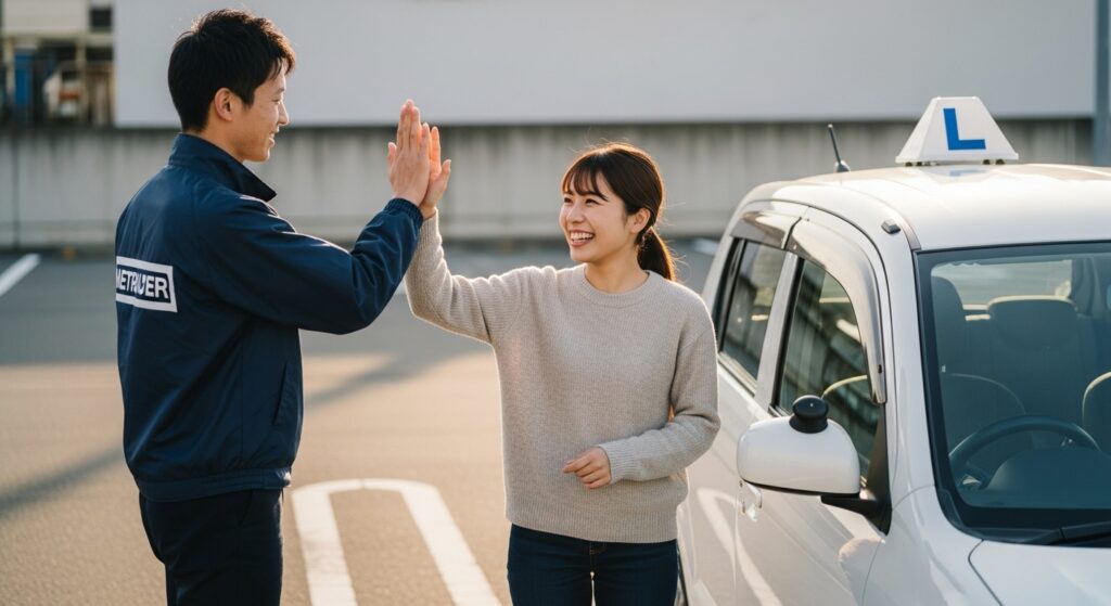 「運転練習の成果を実感し、インストラクターとハイタッチを交わして喜ぶ女性受講者」