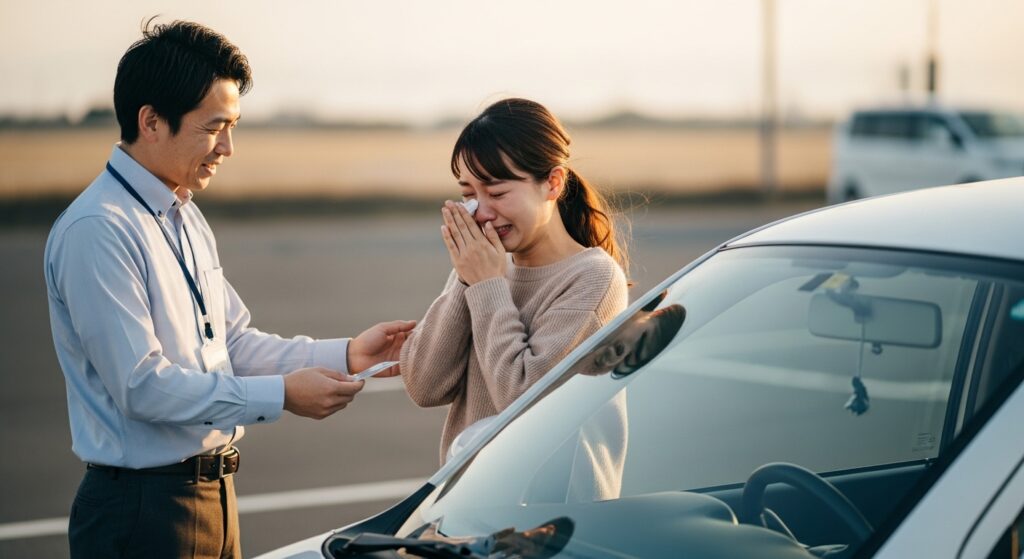 「インストラクターから修了証を受け取り、感極まって涙を流す女性受講者の様子」