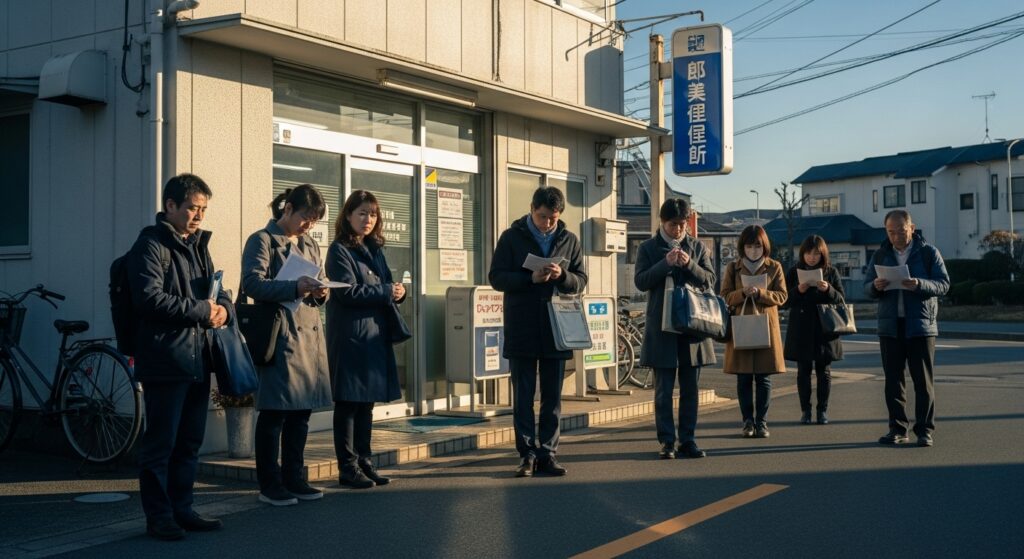 「朝の事務所前に、相談や手続きを待つ人々が列を作って並んでいる様子。」